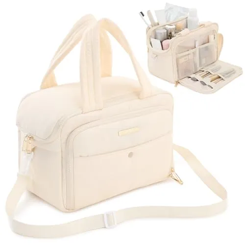 BBCREAT Travel Toiletry Bag for Women, Large Puffy Toiletry Organizer with Wide Handle, Waterproof Wide-open Cosmetic Bag Makeup Organizer for Toiletries Accessories Essentials (Cream)