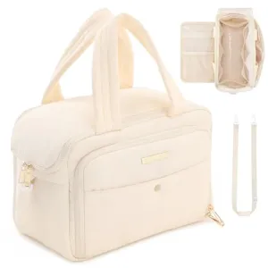 BBCREAT Travel Toiletry Bag for Women, Large Puffy Toiletry Organizer with Wide Handle, Waterproof Wide-open Cosmetic Bag Makeup Organizer for Toiletries Accessories Essentials (Cream)