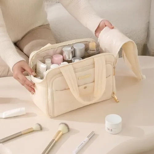 BBCREAT Travel Toiletry Bag for Women, Large Puffy Toiletry Organizer with Wide Handle, Waterproof Wide-open Cosmetic Bag Makeup Organizer for Toiletries Accessories Essentials (Cream)