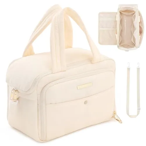 BBCREAT Travel Toiletry Bag for Women, Large Puffy Toiletry Organizer with Wide Handle, Waterproof Wide-open Cosmetic Bag Makeup Organizer for Toiletries Accessories Essentials (Cream)