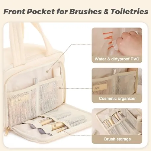 BBCREAT Travel Toiletry Bag for Women, Large Puffy Toiletry Organizer with Wide Handle, Waterproof Wide-open Cosmetic Bag Makeup Organizer for Toiletries Accessories Essentials (Cream)