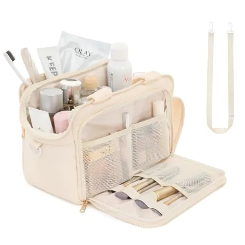 BBCREAT Travel Toiletry Bag for Women, Large Puffy Toiletry Organizer with Wide Handle, Waterproof Wide-open Cosmetic Bag Makeup Organizer for Toiletries Accessories Essentials (Cream)