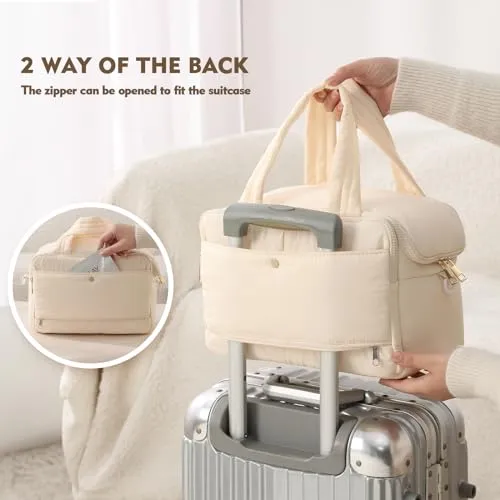BBCREAT Travel Toiletry Bag for Women, Large Puffy Toiletry Organizer with Wide Handle, Waterproof Wide-open Cosmetic Bag Makeup Organizer for Toiletries Accessories Essentials (Cream)