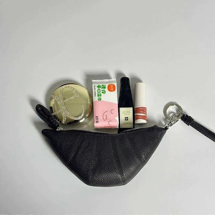 Black Cute Crossbody Coin Purse | Mini Croissant Design Shoulder Bag | Small PU Leather Portable Makeup & Earphone Pouch