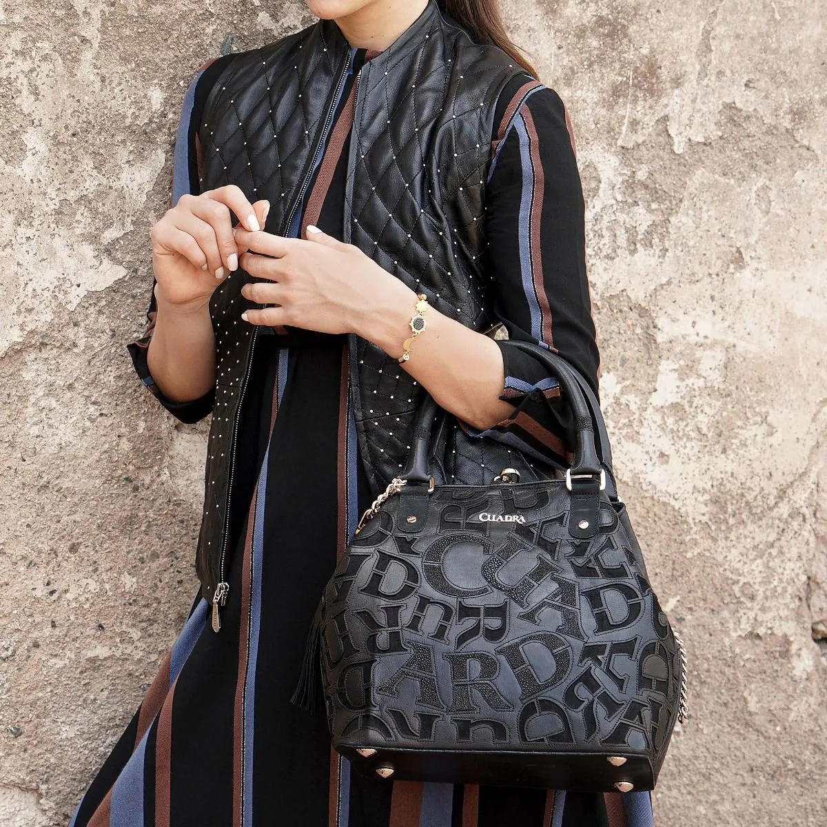 BO399MA - Cuadra black fashion leather folding canvas tote bag for women