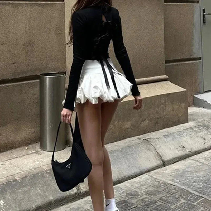 Bow Back Lace Up Shirt Folded Skirt Suit