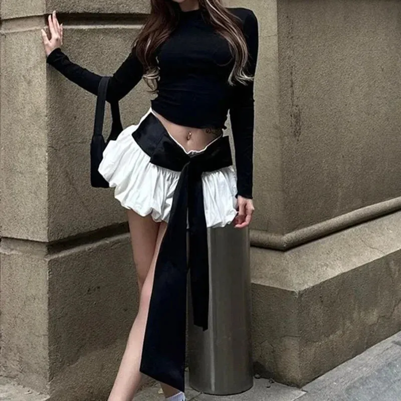 Bow Back Lace Up Shirt Folded Skirt Suit