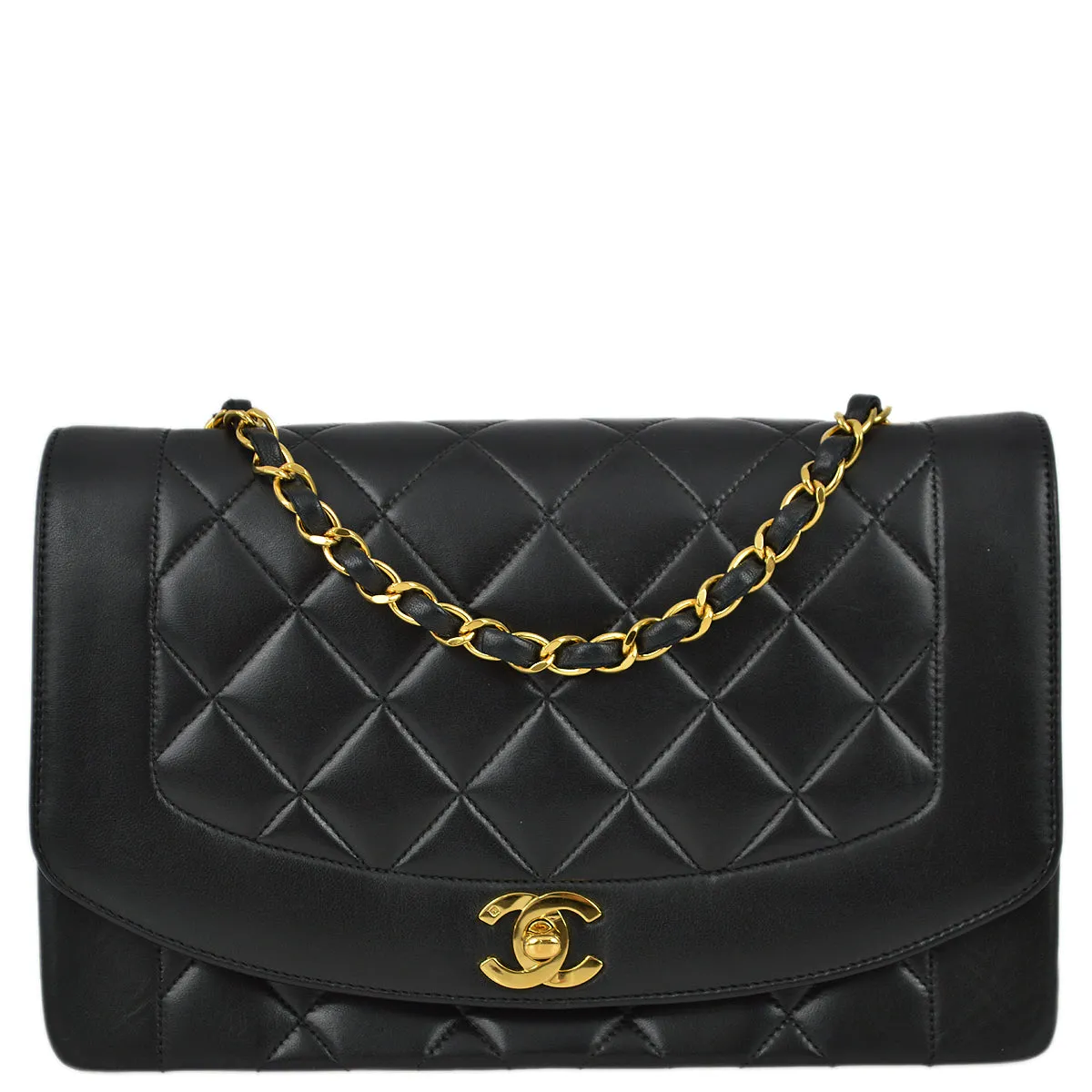 Chanel 1991-1994 Black Lambskin Medium Diana Flap Bag