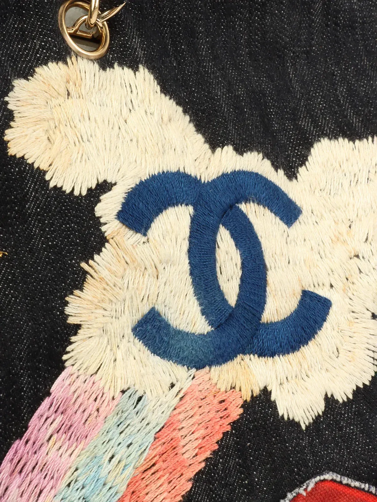 CHANEL Around 2005 Made Denim Airplane Cc Mark Embroidered Chain Tote Bag Indigo