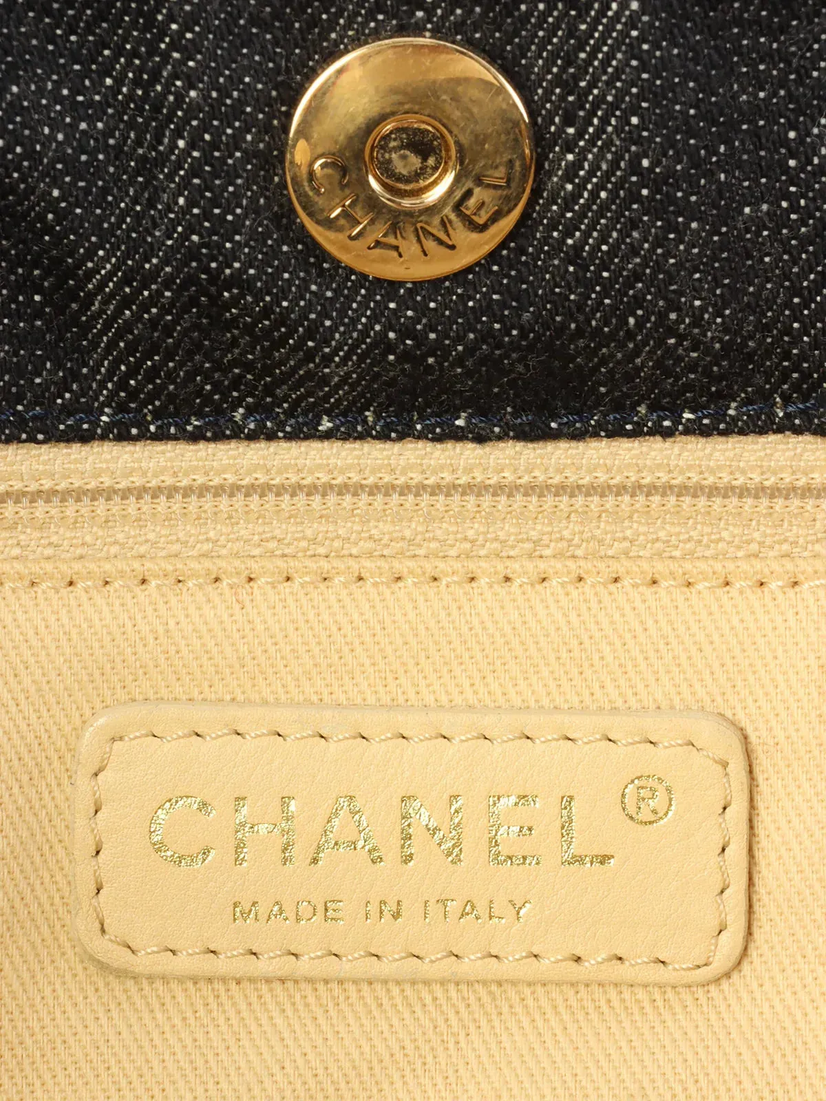 CHANEL Around 2005 Made Denim Airplane Cc Mark Embroidered Chain Tote Bag Indigo