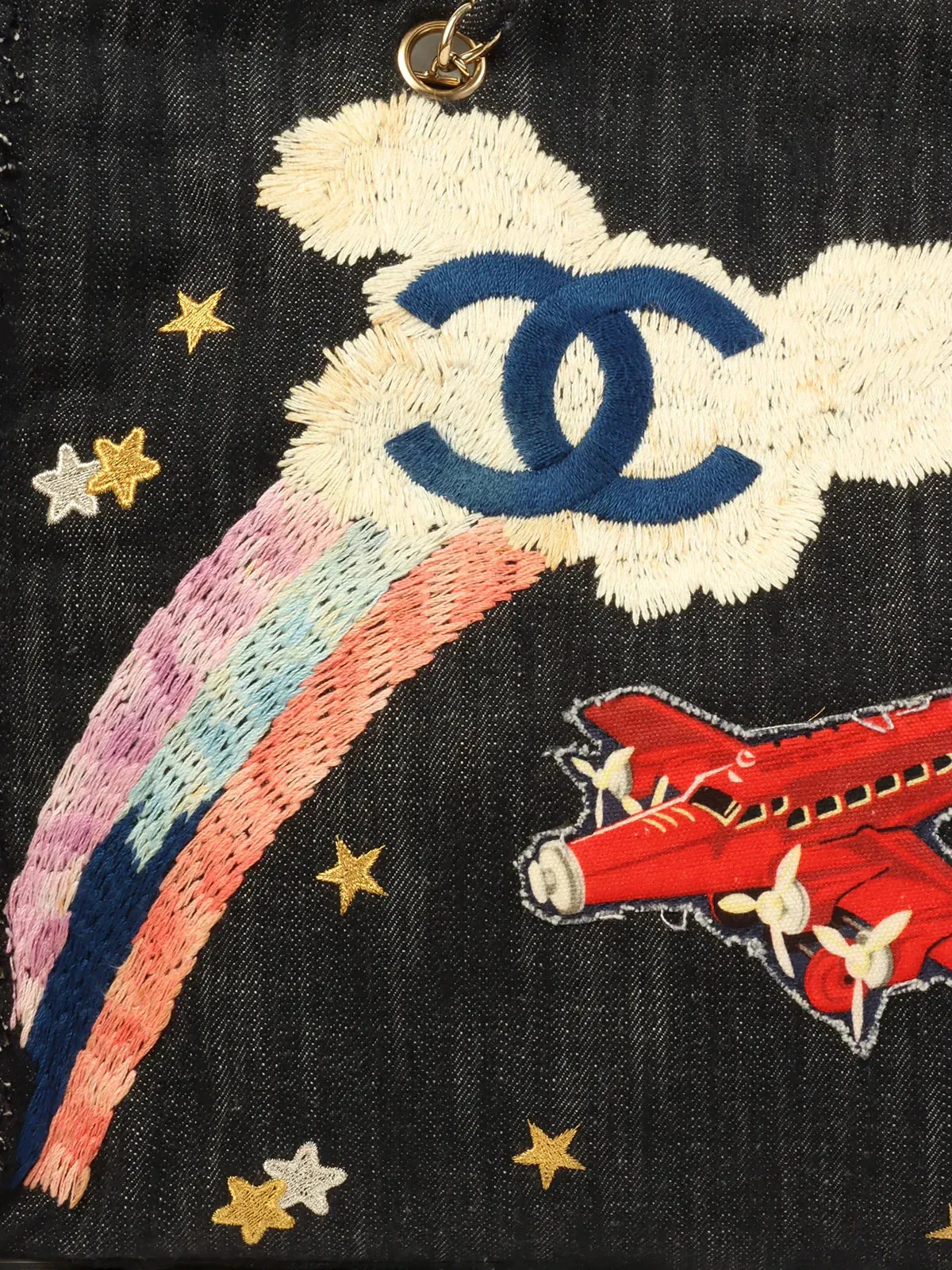 CHANEL Around 2005 Made Denim Airplane Cc Mark Embroidered Chain Tote Bag Indigo