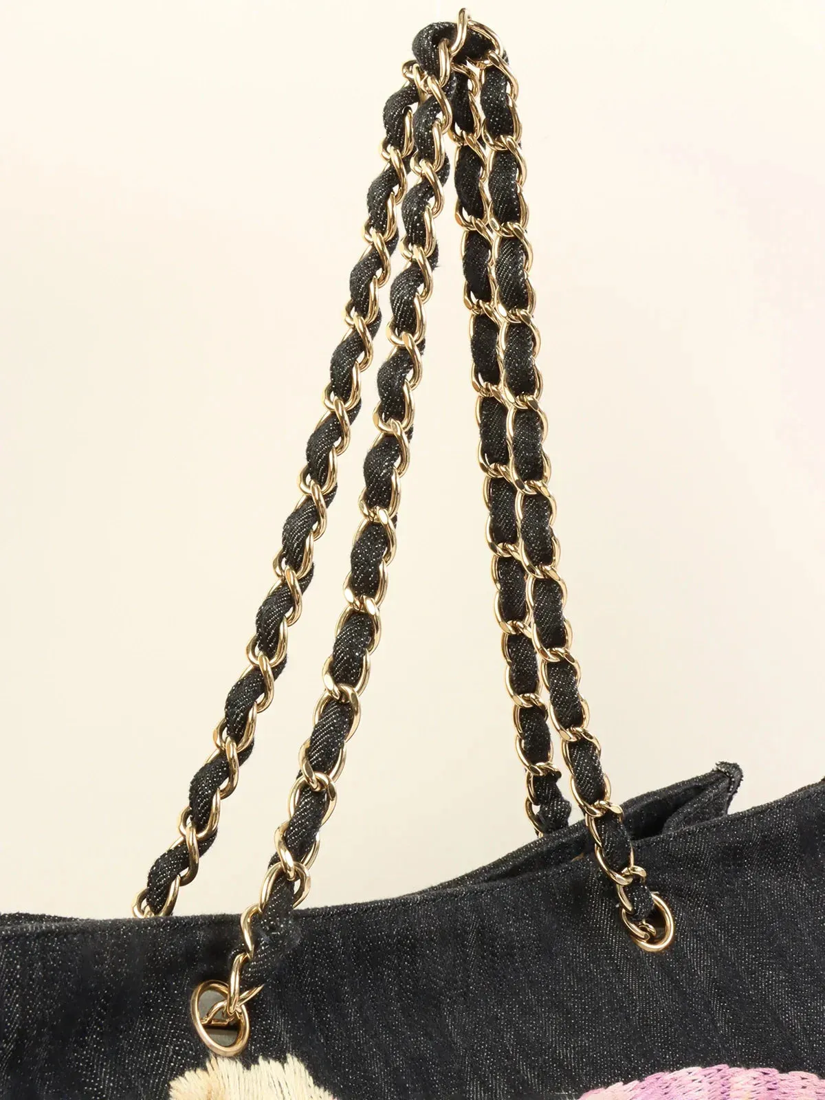 CHANEL Around 2005 Made Denim Airplane Cc Mark Embroidered Chain Tote Bag Indigo