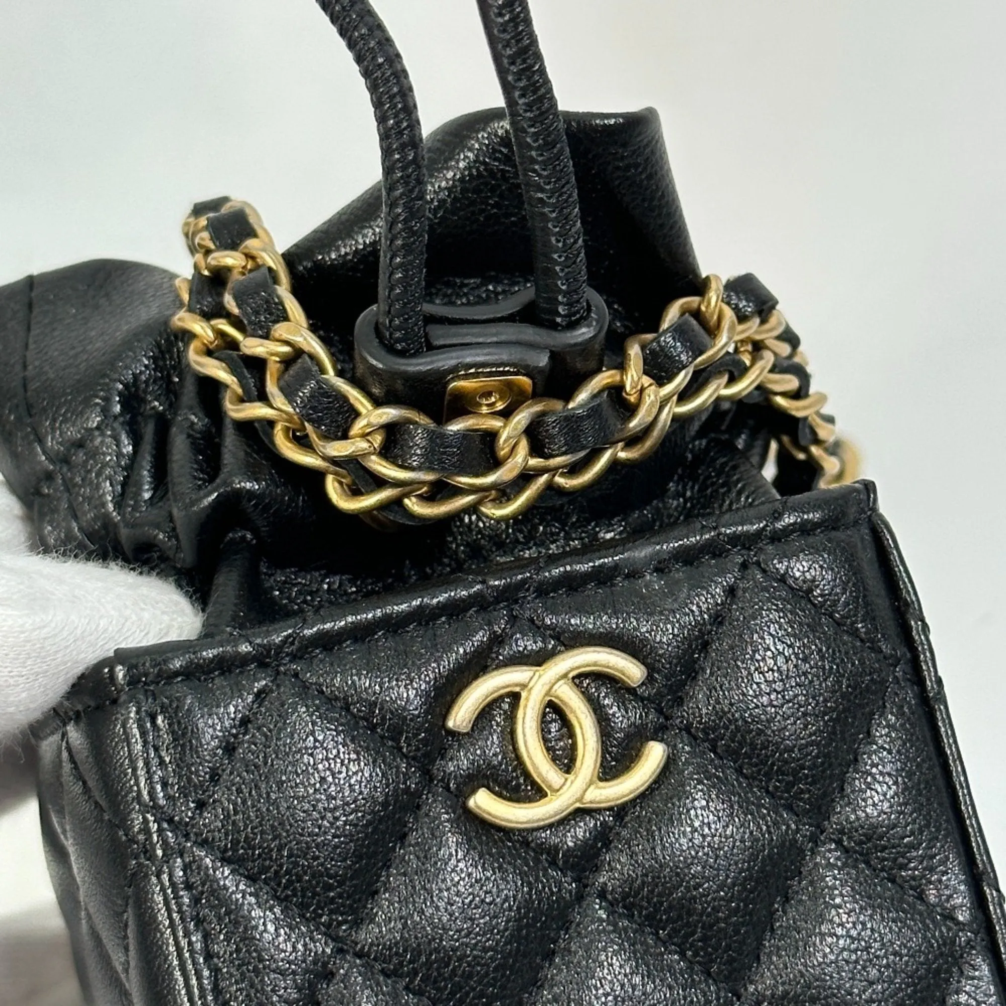 Chanel CCCC Mark Chain Mini Drawstring Crossbody Pochette Shoulder Bag Black Gold