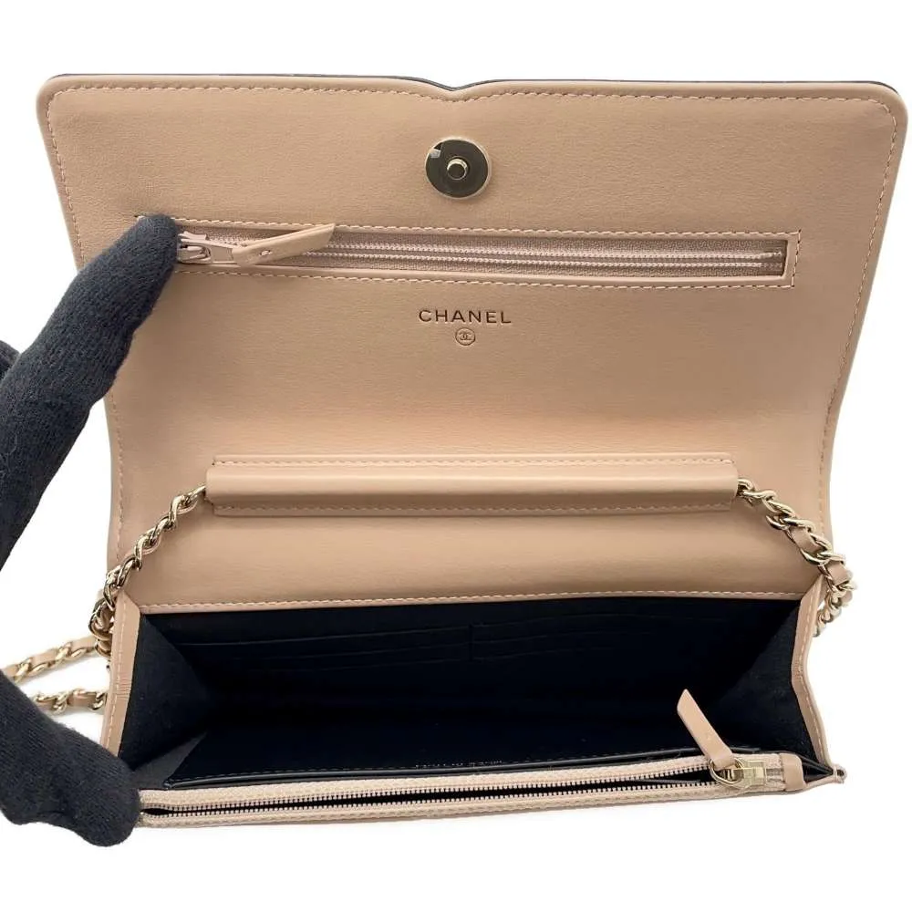 CHANEL CCFiligree Chain Wallet Beige/Black A84451 Caviar Leather