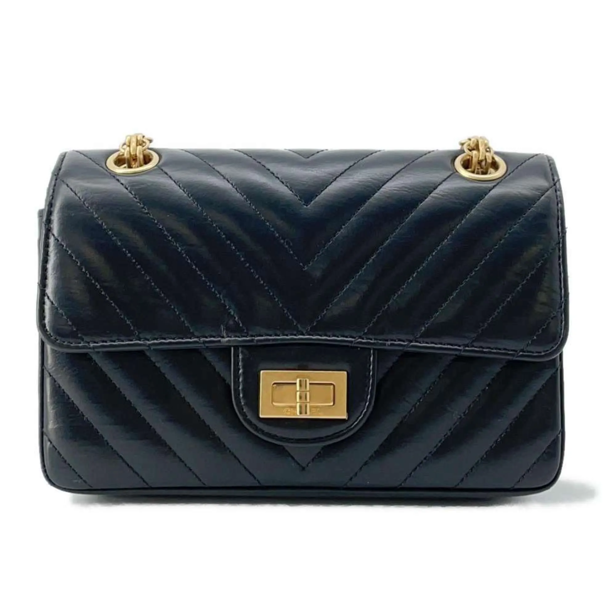 Chanel Chain Shoulder Bag 2.55 Chevron V-Stitch Calfskin CHANEL 2way Single Flap Black