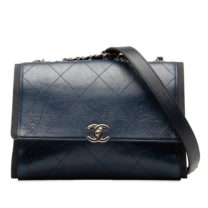 Chanel Coco Chain Shoulder Bag Navy Silver Leather  Chanel