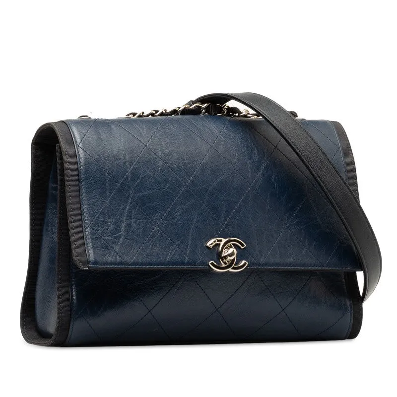 Chanel Coco Chain Shoulder Bag Navy Silver Leather  Chanel