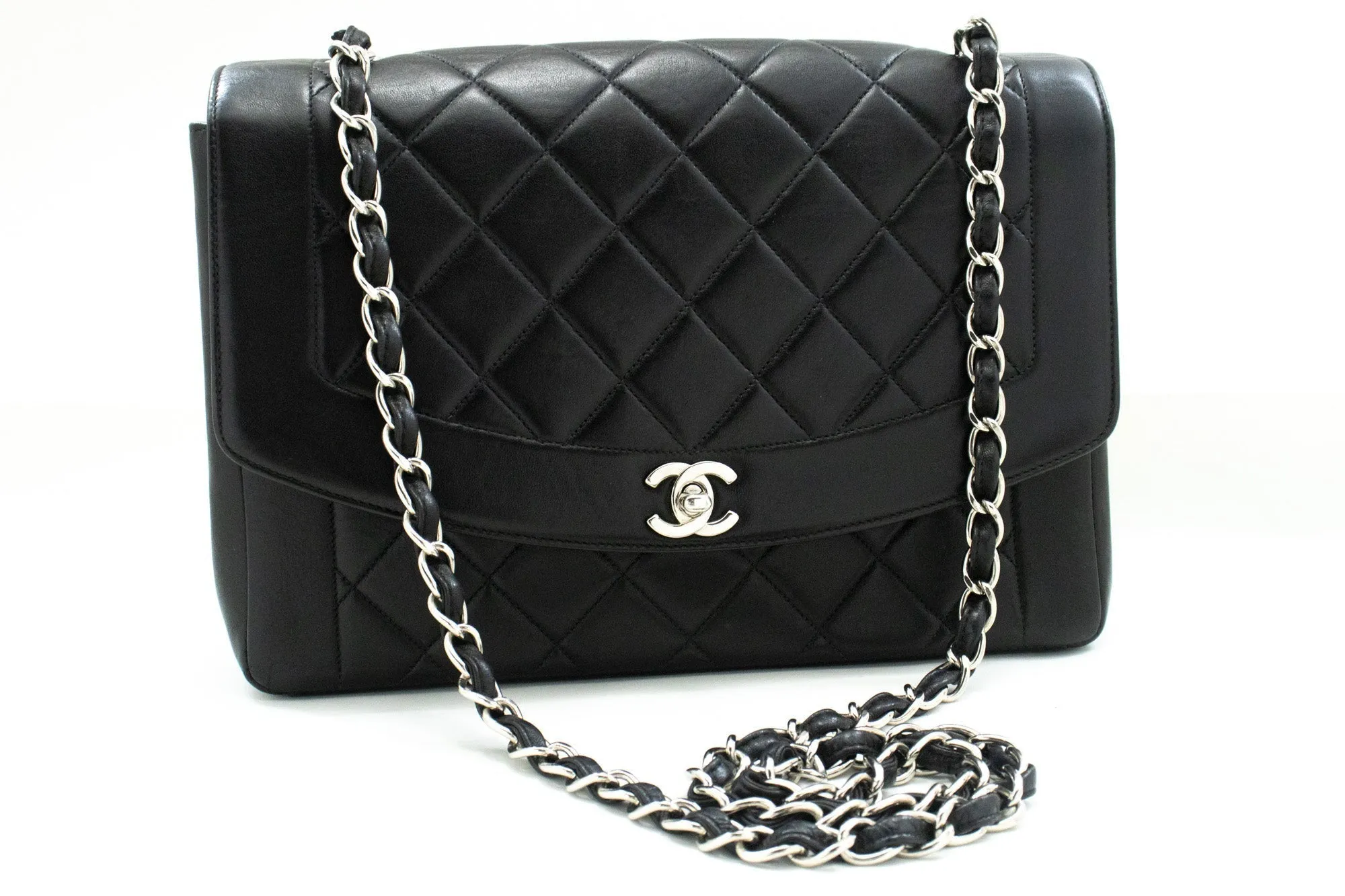 CHANEL Diana Flap Large Silver Chain Shoulder Bag Black Quilted