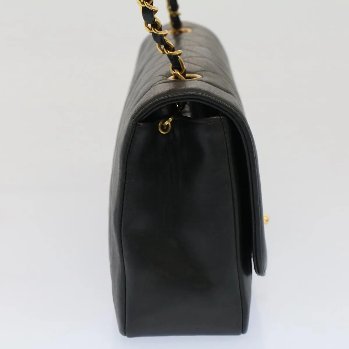 CHANEL Diana Matelasse Turn Lock Shoulder Bag Lamb Skin Black CC Auth 51272A
