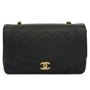 CHANEL Diana Matelasse Turn Lock Shoulder Bag Lamb Skin Black CC Auth 51272A