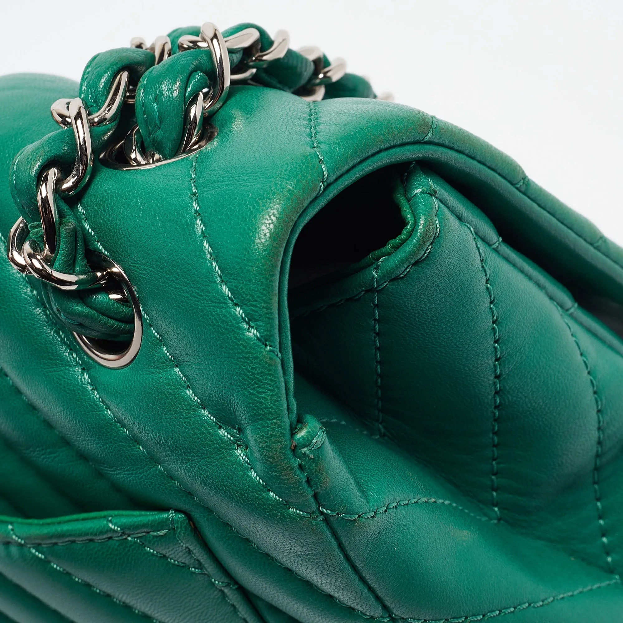 CHANEL Green Chevron Leather Maxi Classic Single Flap Bag
