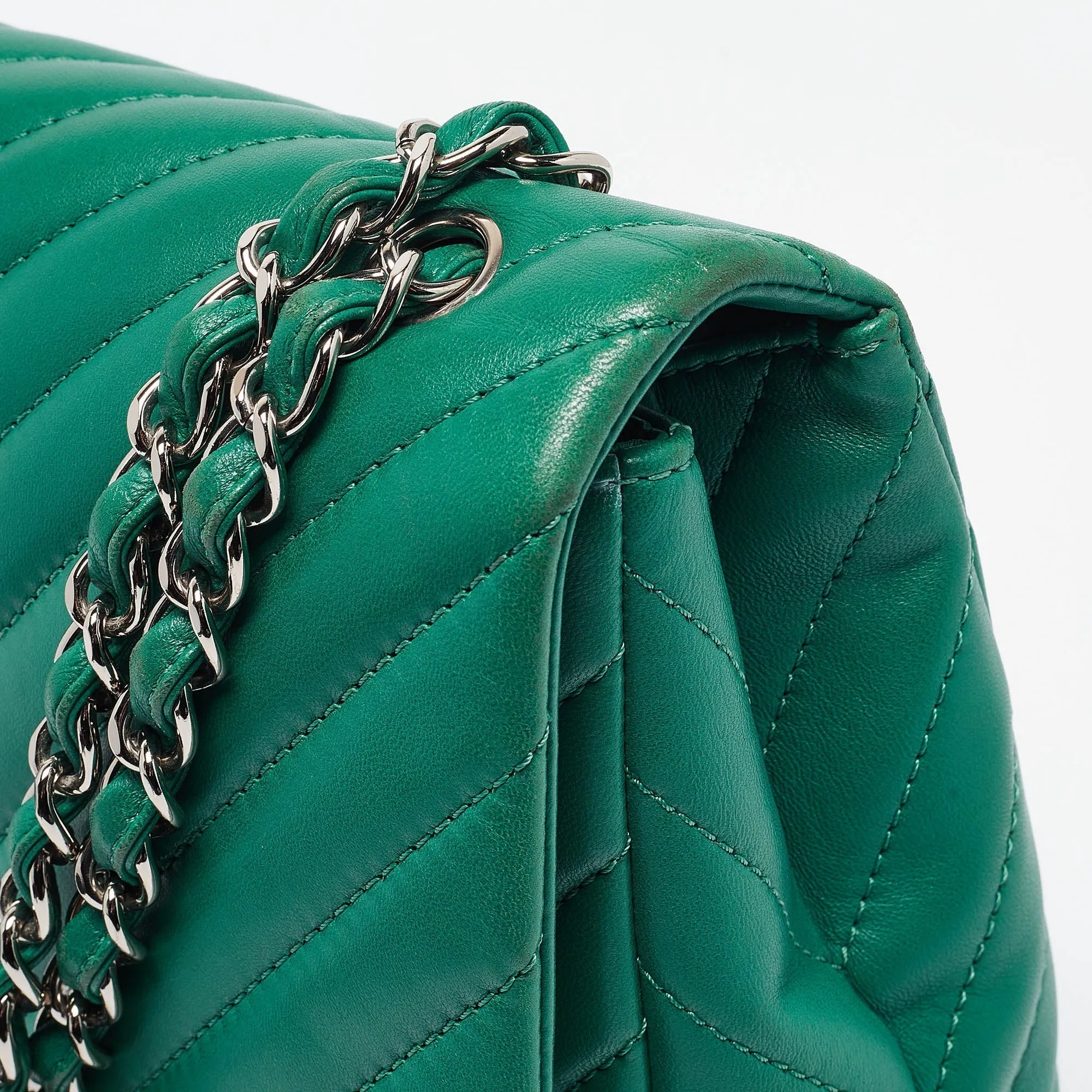 CHANEL Green Chevron Leather Maxi Classic Single Flap Bag