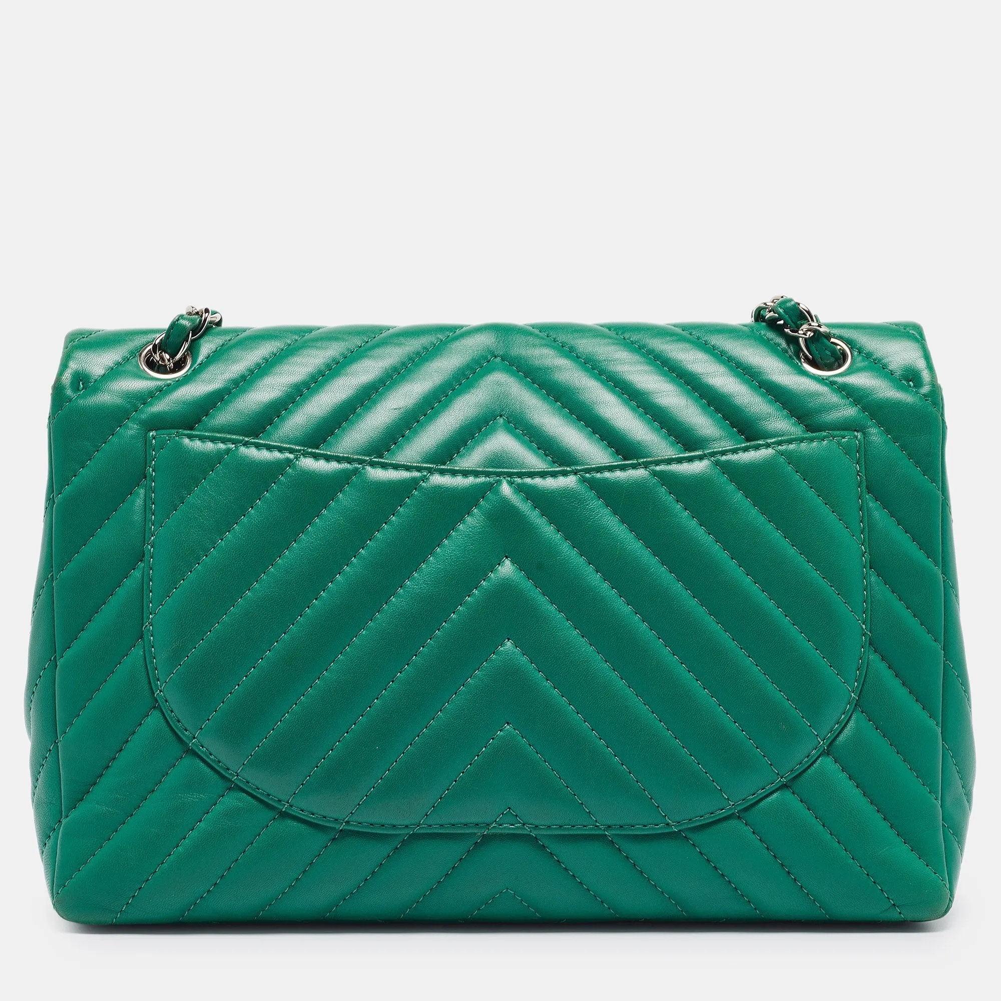 CHANEL Green Chevron Leather Maxi Classic Single Flap Bag