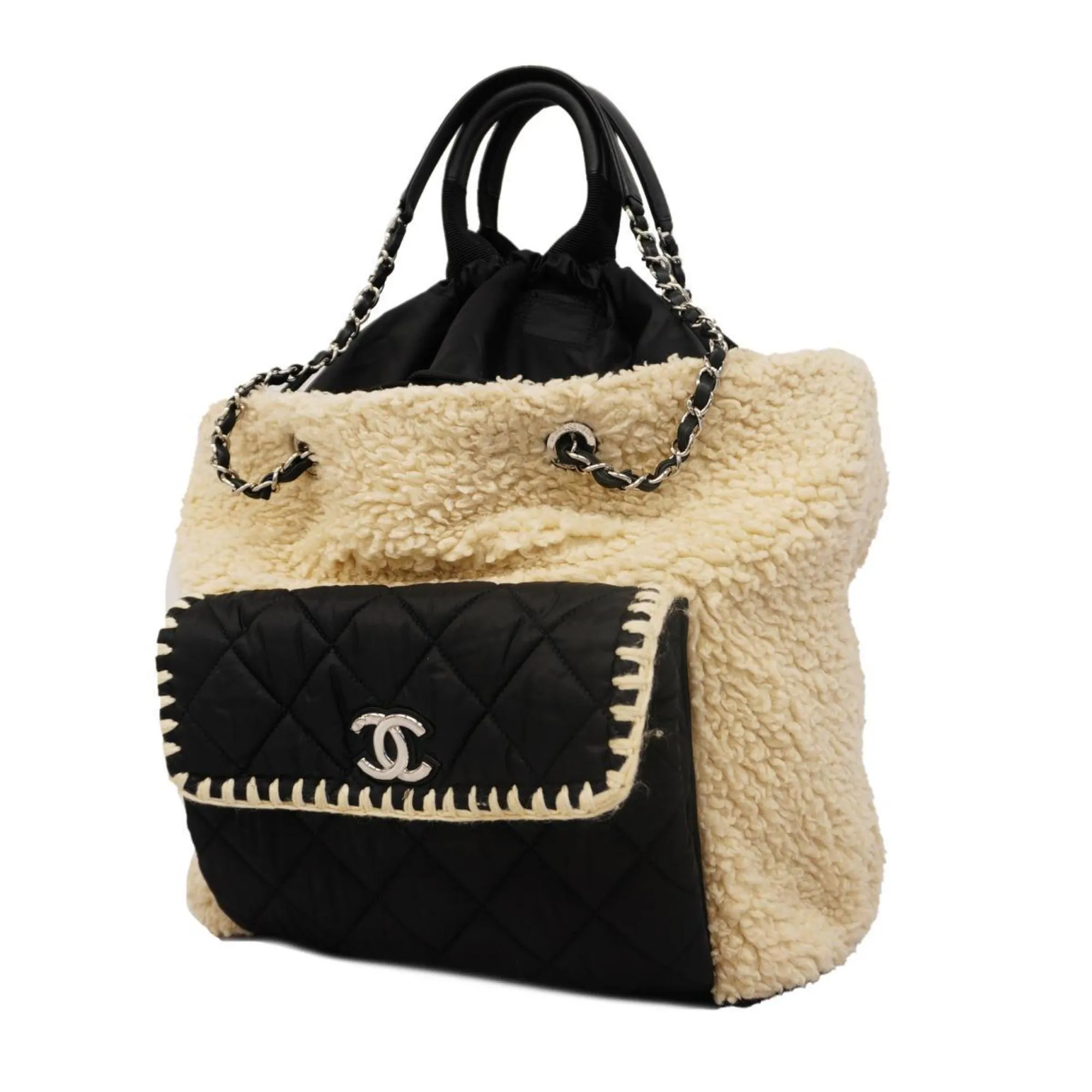 Chanel handbag, Matelasse, chain shoulder, nylon, boa, black, women's
