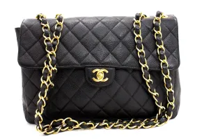 CHANEL Jumbo Caviar 11" Large Chain Shoulder Bag Flap Black Quilt