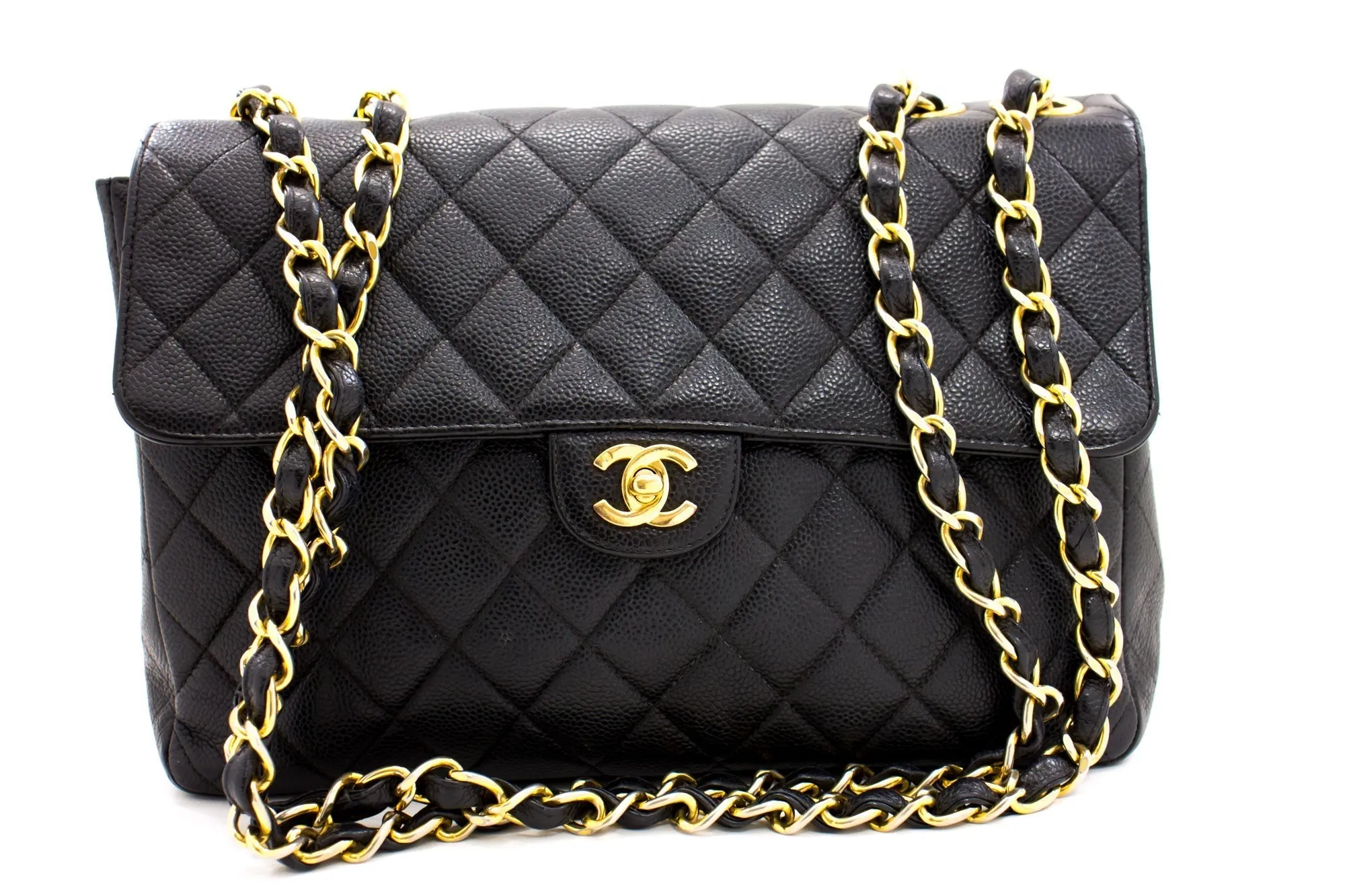 CHANEL Jumbo Caviar 11" Large Chain Shoulder Bag Flap Black Quilt