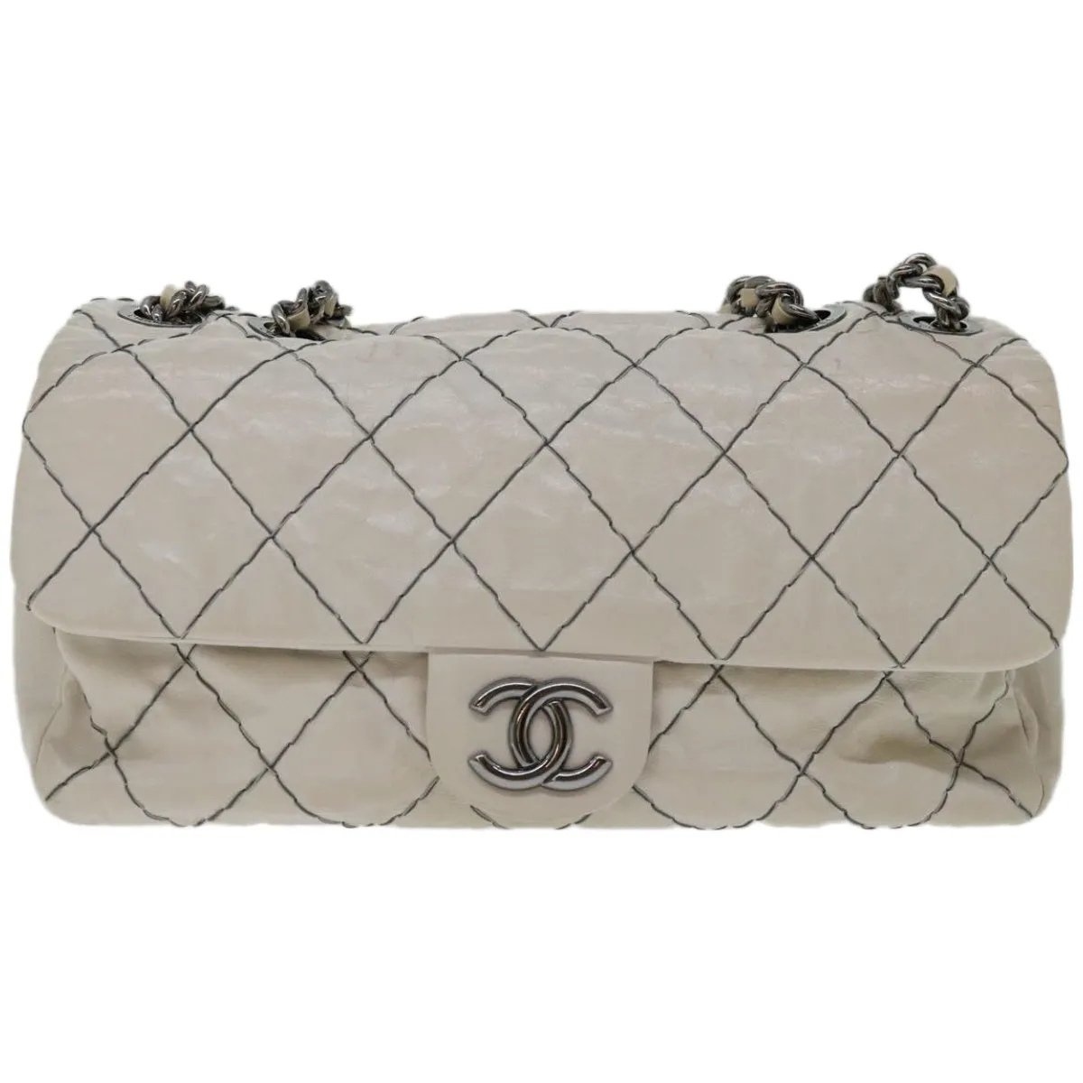 CHANEL Matelasse Chain Shoulder Bag Leather White CC Auth yk10764