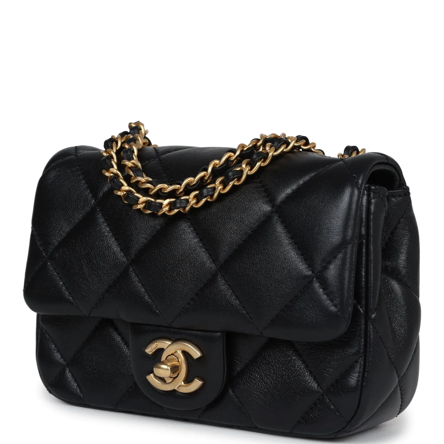 Chanel Mini Square Pearl Flap Bag Black Lambskin Brushed Gold Hardware