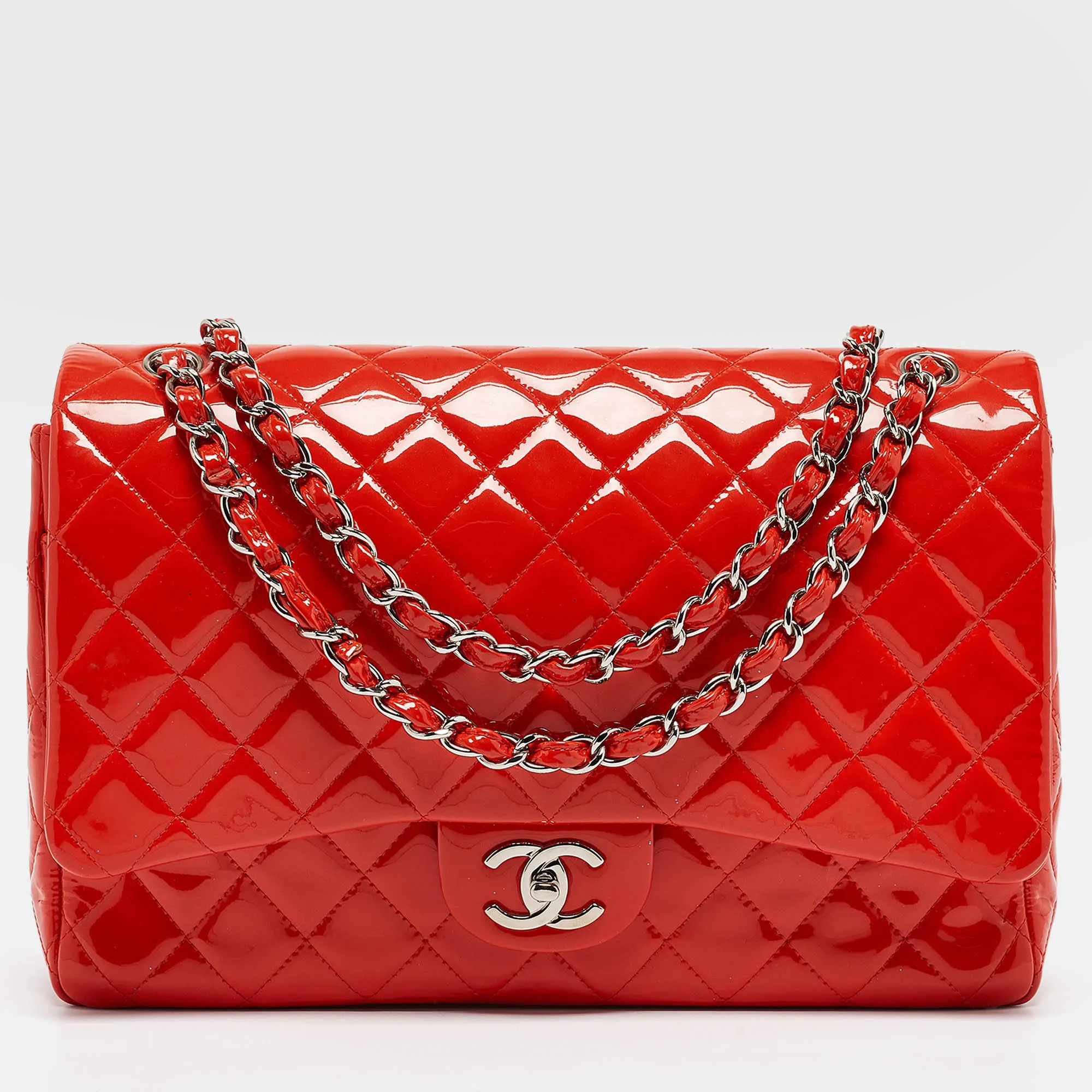 CHANEL Orange Quilted Patent Leather Maxi Classic Double Flap Bag