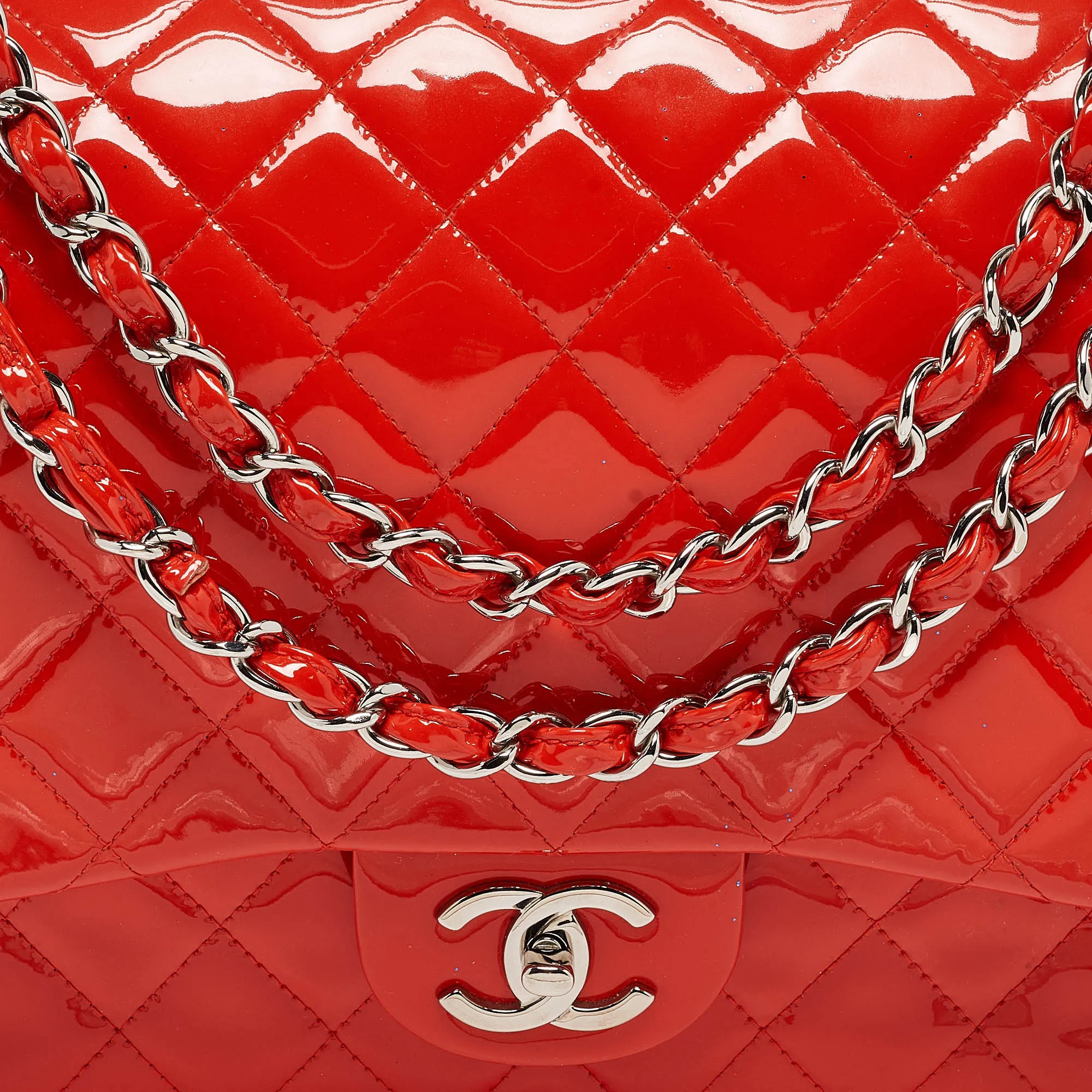 CHANEL Orange Quilted Patent Leather Maxi Classic Double Flap Bag