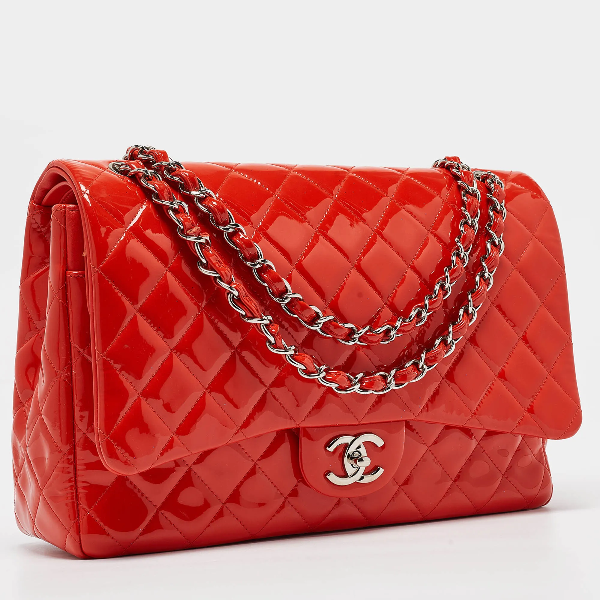 CHANEL Orange Quilted Patent Leather Maxi Classic Double Flap Bag
