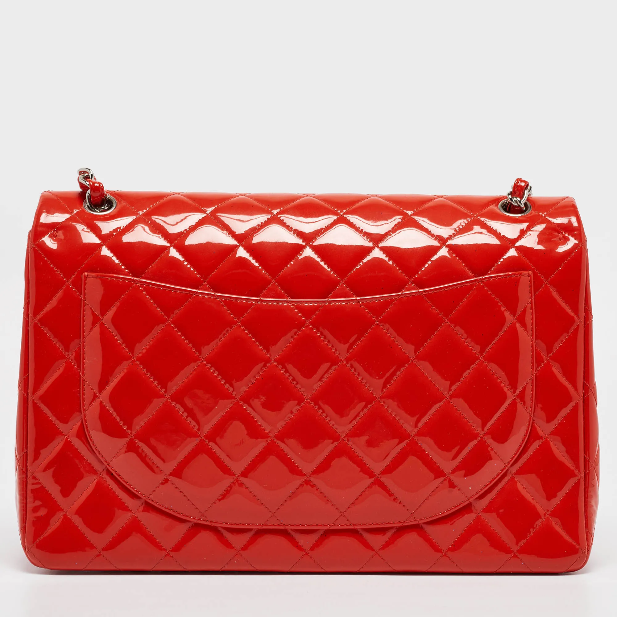 CHANEL Orange Quilted Patent Leather Maxi Classic Double Flap Bag