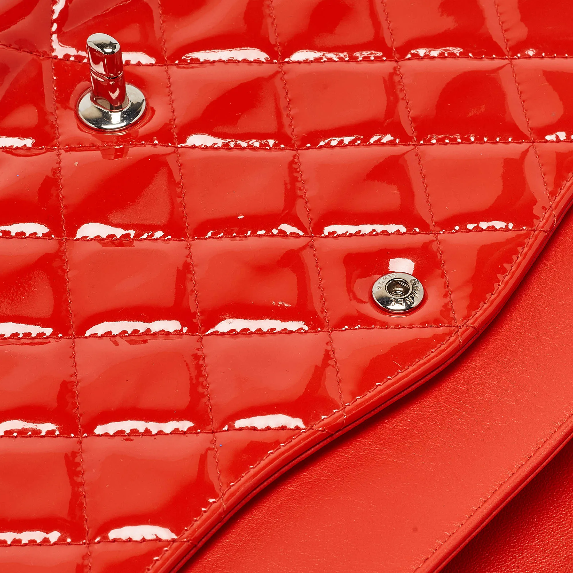 CHANEL Orange Quilted Patent Leather Maxi Classic Double Flap Bag