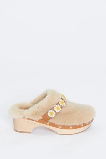 Cream Jean Floral Appliqué Shearling Preowned Clogs