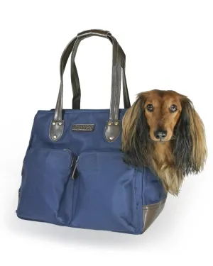 Dog Carrier Bag - Waxed Canvas & Leather Pet Travel Tote - Navy Blue