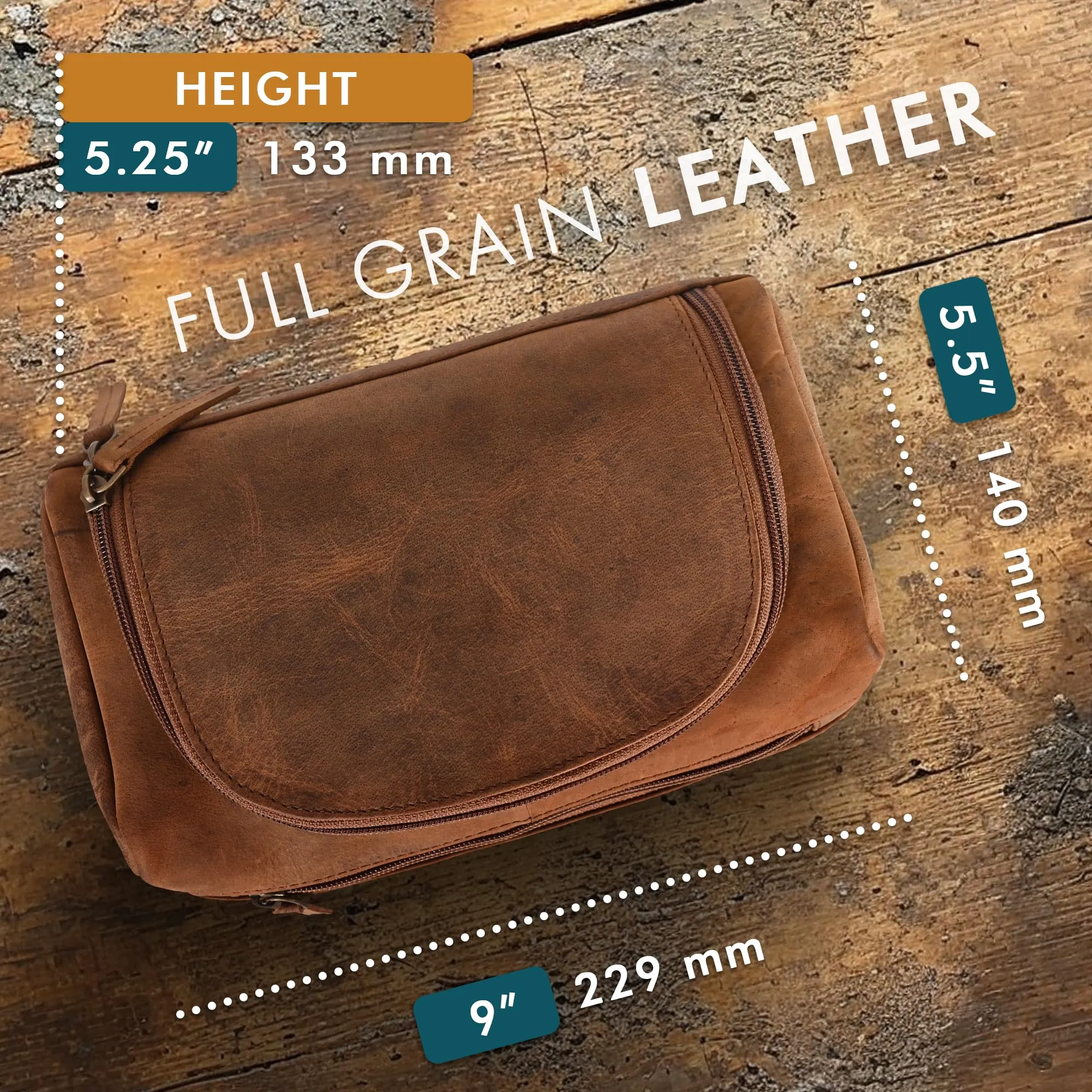 ELIZO Premium REAL Leather Toiletry Bag for Men Dopp Kitt Hanging Mens Toiletry Large TSA Toiletries Bag Shaving Grooming Bag Organizer Saddle