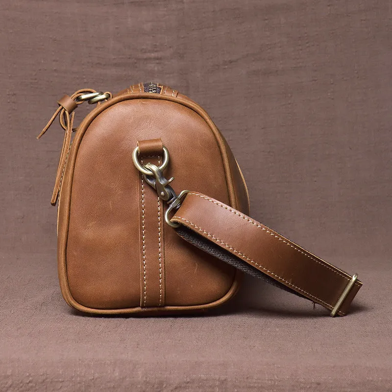 Genuine Leather Mens Bucket Bag Round Circle Bag Weekender Overnight Bag