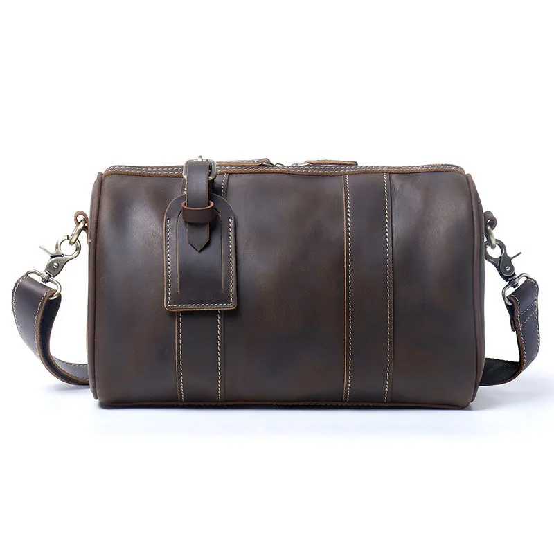 Genuine Leather Mens Bucket Bag Round Circle Bag Weekender Overnight Bag