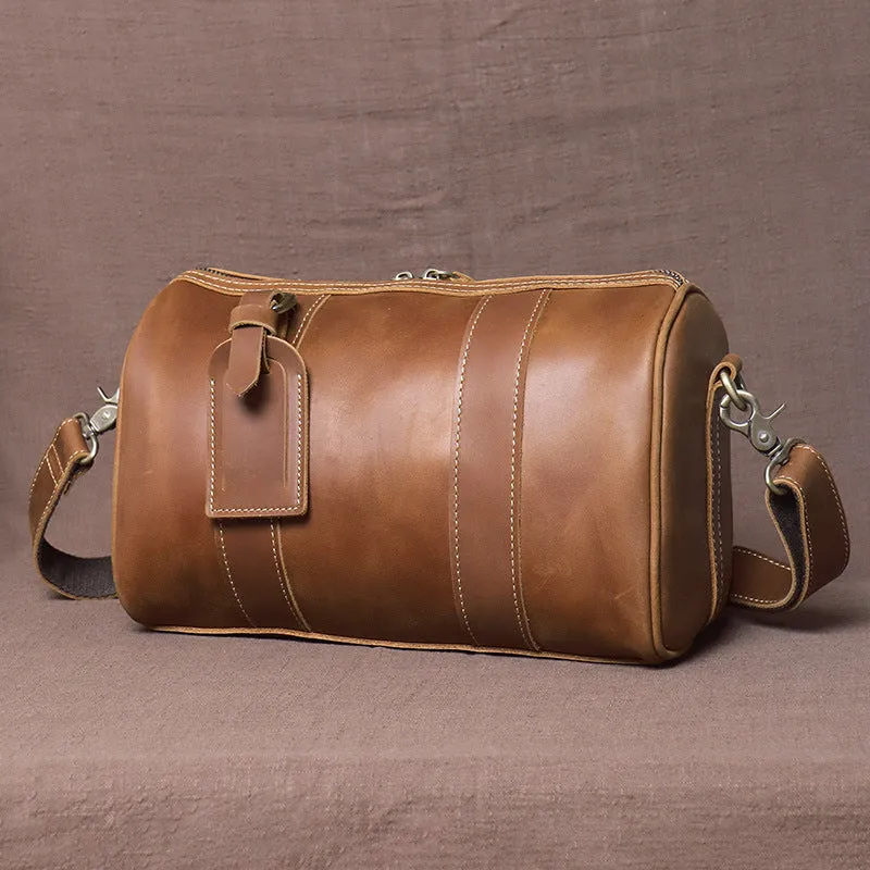 Genuine Leather Mens Bucket Bag Round Circle Bag Weekender Overnight Bag
