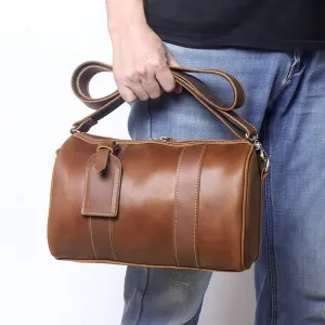 Genuine Leather Mens Bucket Bag Round Circle Bag Weekender Overnight Bag