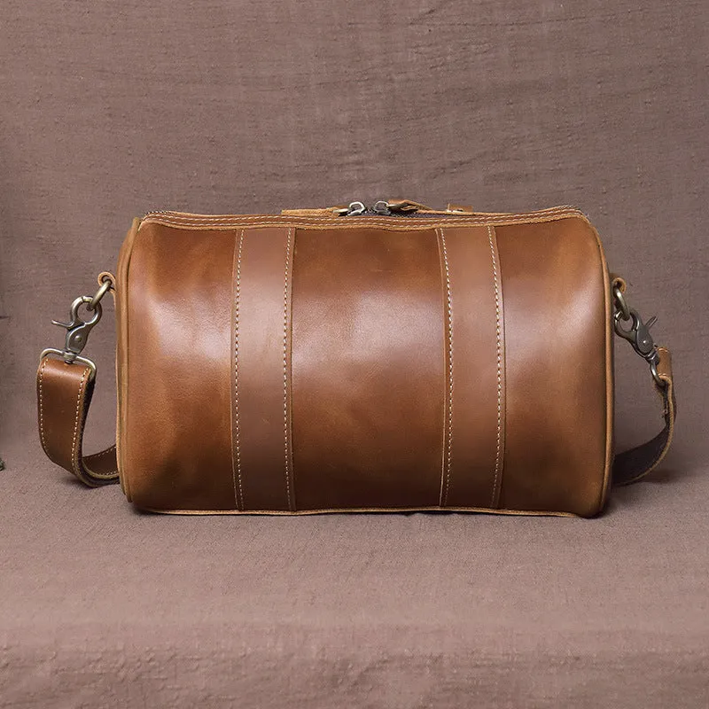 Genuine Leather Mens Bucket Bag Round Circle Bag Weekender Overnight Bag