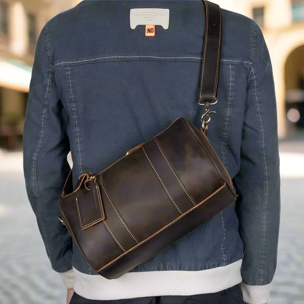 Genuine Leather Mens Bucket Bag Round Circle Bag Weekender Overnight Bag