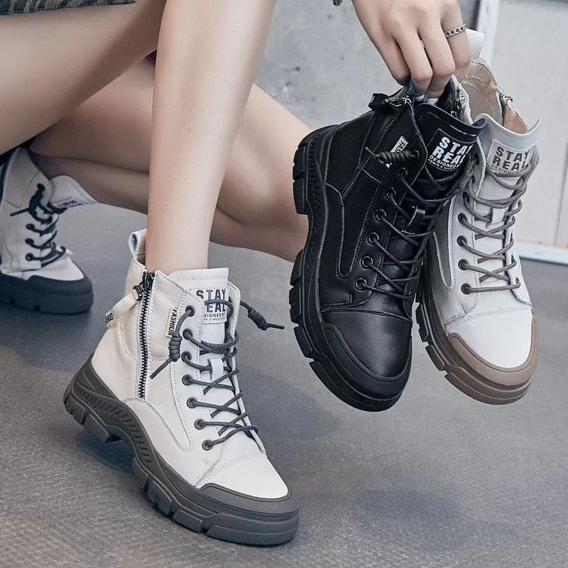 Genuine Leather Thick Sole Women Ankle Boots