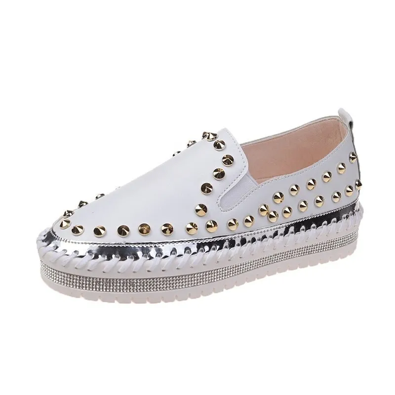 kamames Flats Loafers Shoes Comfortable Leather Casual Shoes New Rivet Slip on Flat Shoes Women's Sports Shoes Zapatillas Mujer