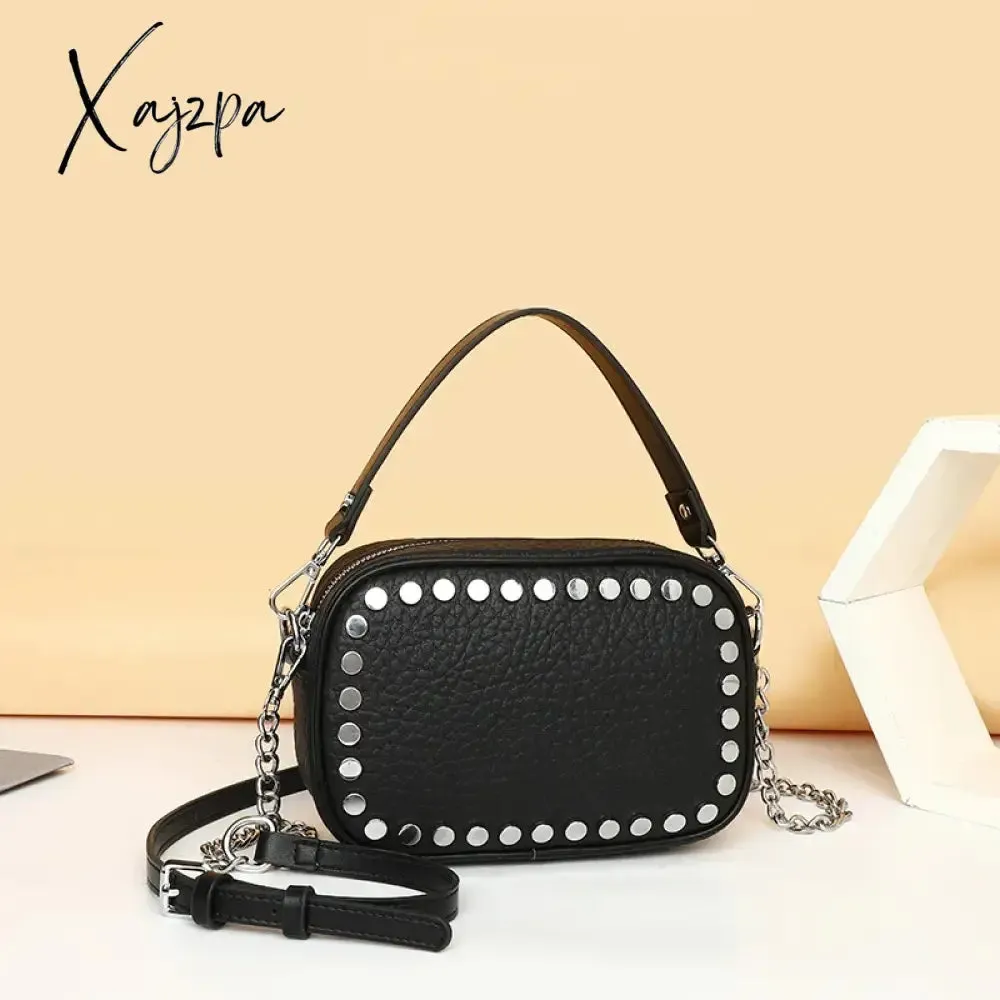 Luxury Soft Genuine Leather Handbag River Women Shoulder Messenger Bag Solid Color Cowhide Tote Fashion Female Crossbody Sac