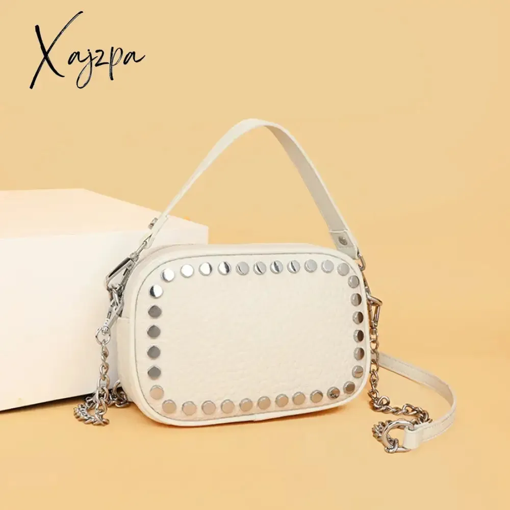Luxury Soft Genuine Leather Handbag River Women Shoulder Messenger Bag Solid Color Cowhide Tote Fashion Female Crossbody Sac